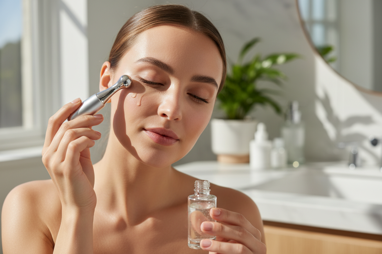 Woman applying hyaluronic acid serum with eye device