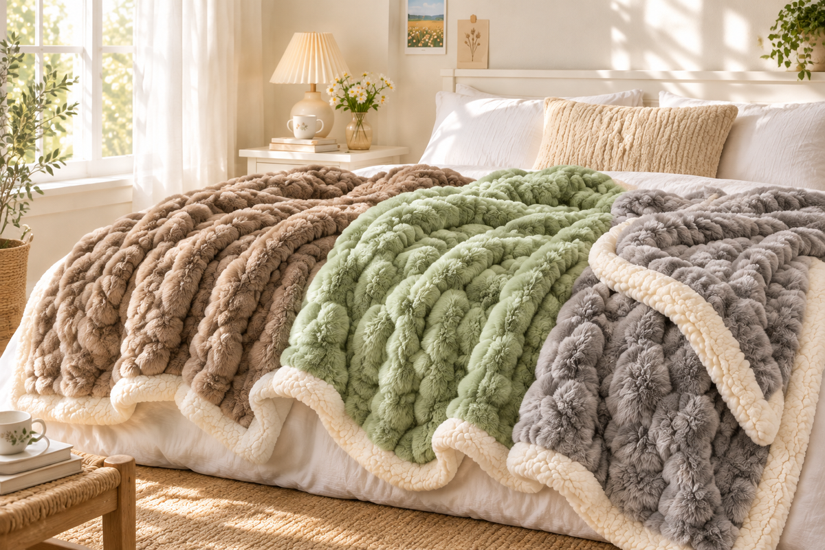 Bed layered with brown, green, and gray double-layer bubble blankets