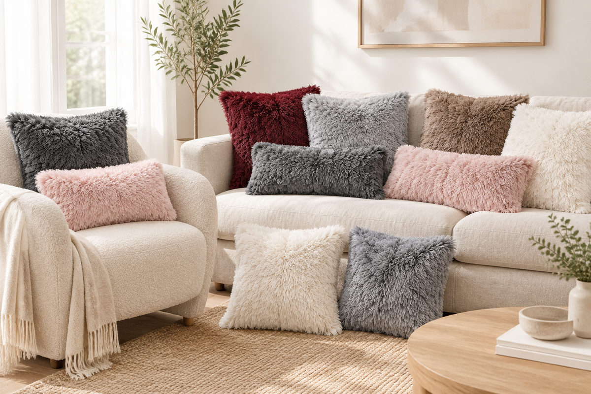 Fluffy pillow covers styled on an ivory chair and sofa; inserts used for styling not included