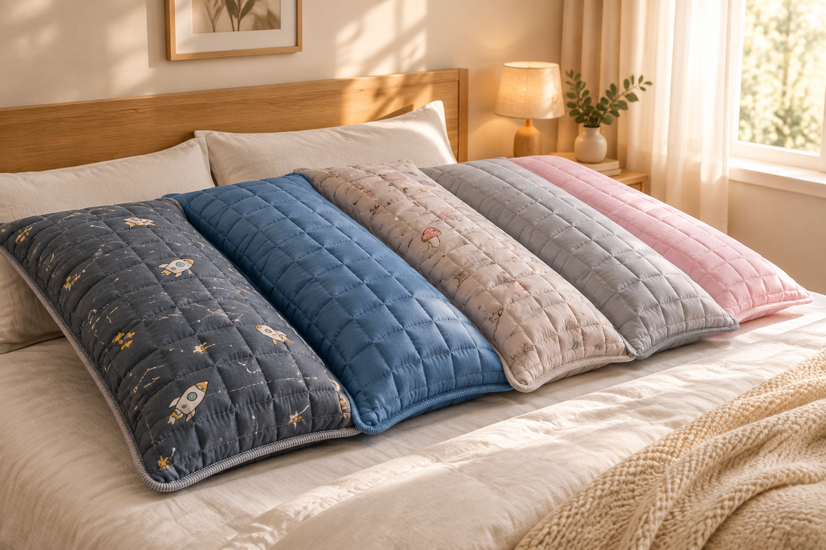 Quilted Long Double Pillowcase shown in five colors together on a cozy bed