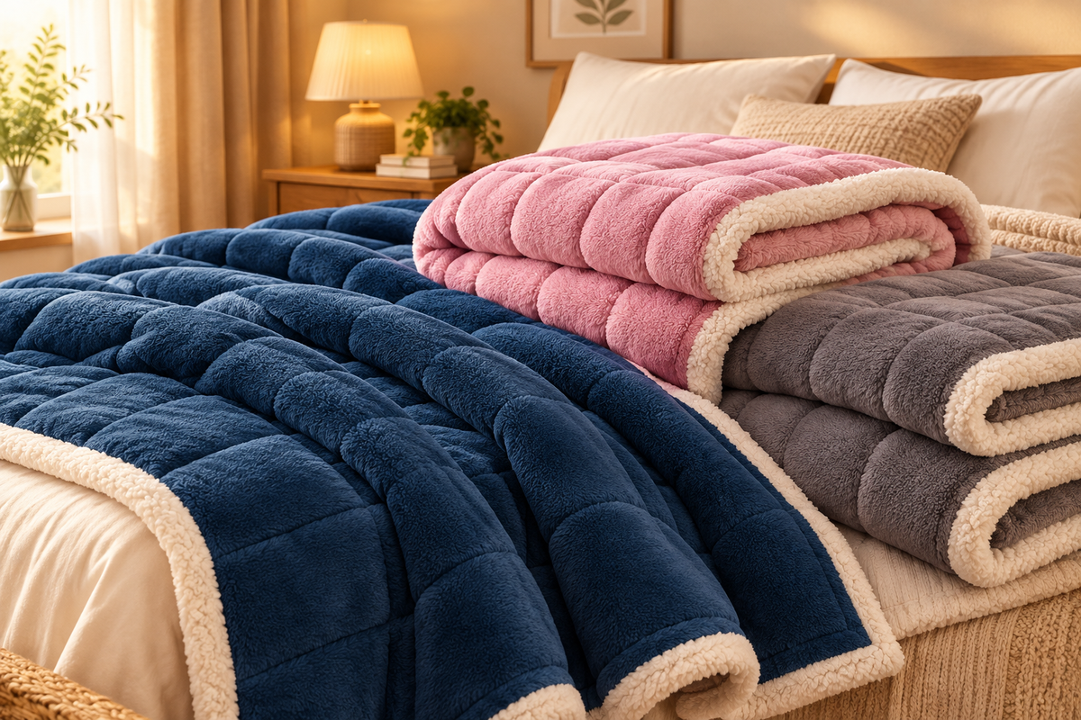 Bed layered with navy, pink, and grey three-layer coral fleece blankets