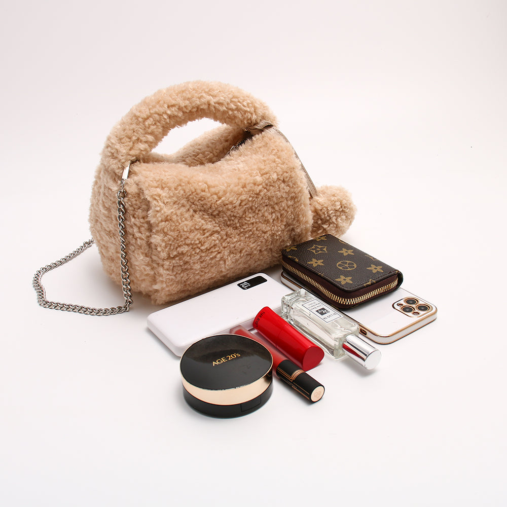 Plush Faux Fur Messenger Bag - Chain Shoulder Bag