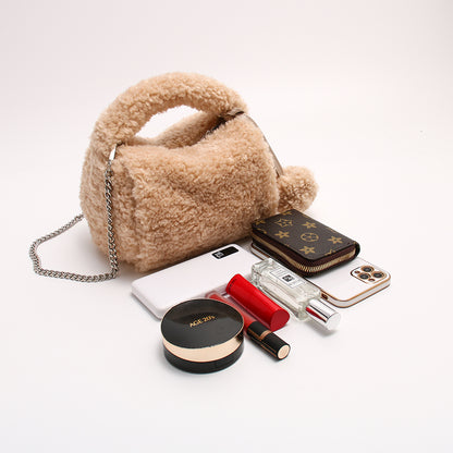 Plush Faux Fur Messenger Bag - Chain Shoulder Bag