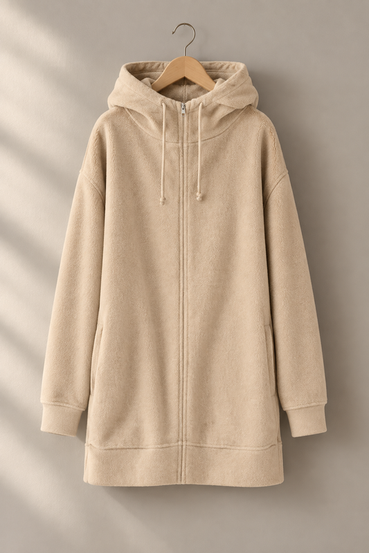 Khaki fuzzy hoodie on a hanger