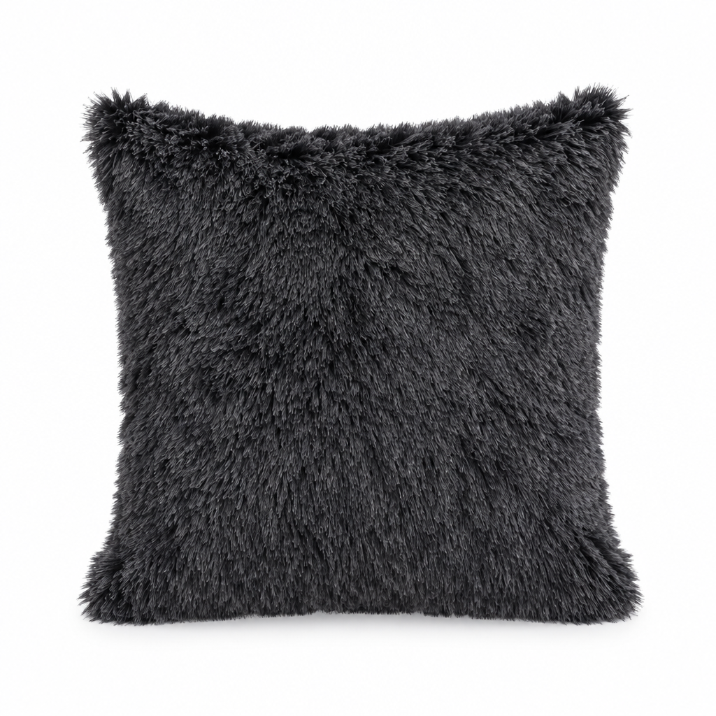 AI-generated charcoal black fluffy cover concept, 45 × 45 cm; color not supplier-verified