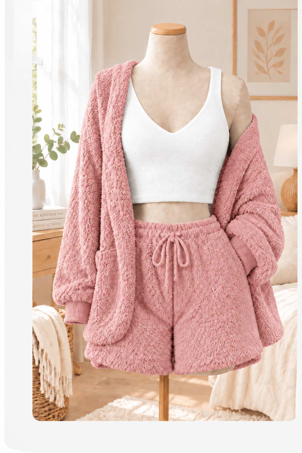 Pink plush 3-piece loungewear set with white tank top