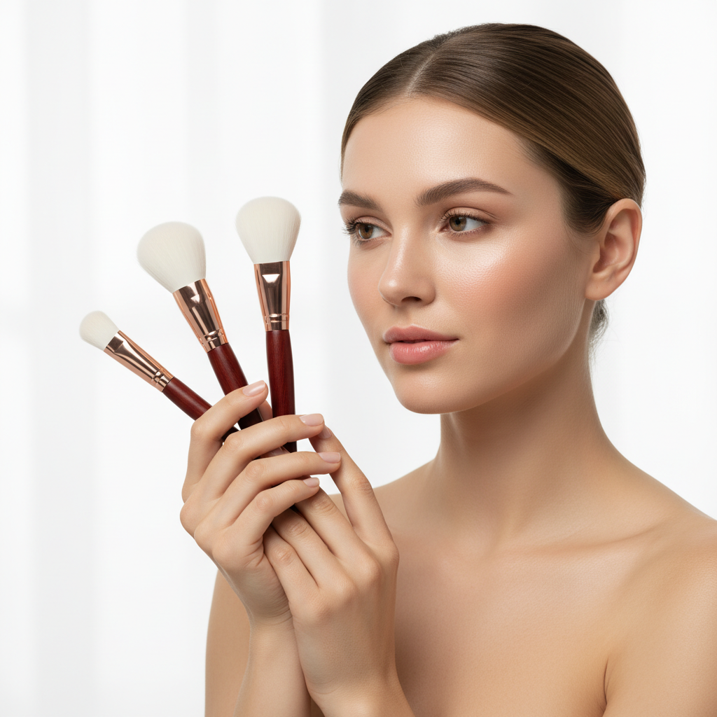Light-skinned woman with flawless skin displaying three premium makeup brushes