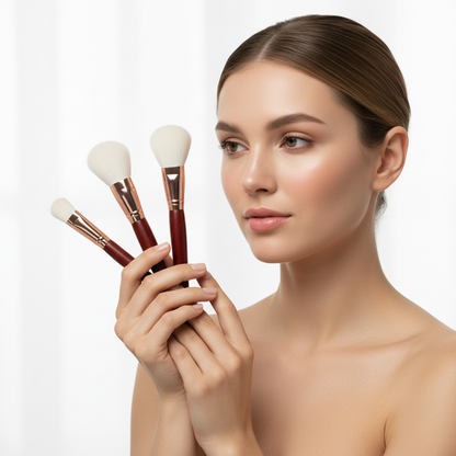 Light-skinned woman with flawless skin displaying three premium makeup brushes