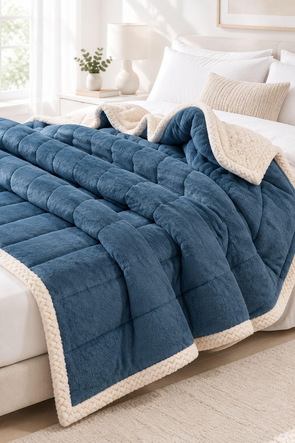 Blue three-layer coral fleece blanket folded on a bed