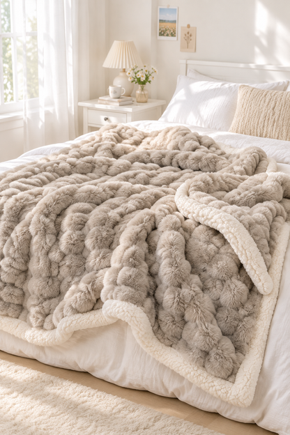 Cameo Brown double-layer bubble blanket draped casually on a bed