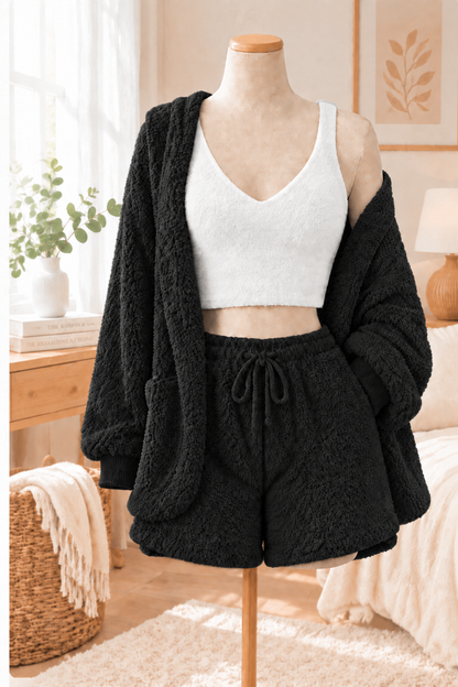 Black plush 3-piece loungewear set with white tank top