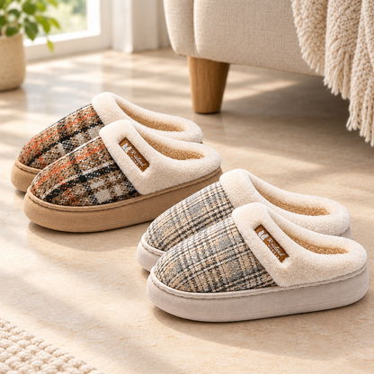 Beige and Khaki plush thick-soled house slippers together in natural indoor light