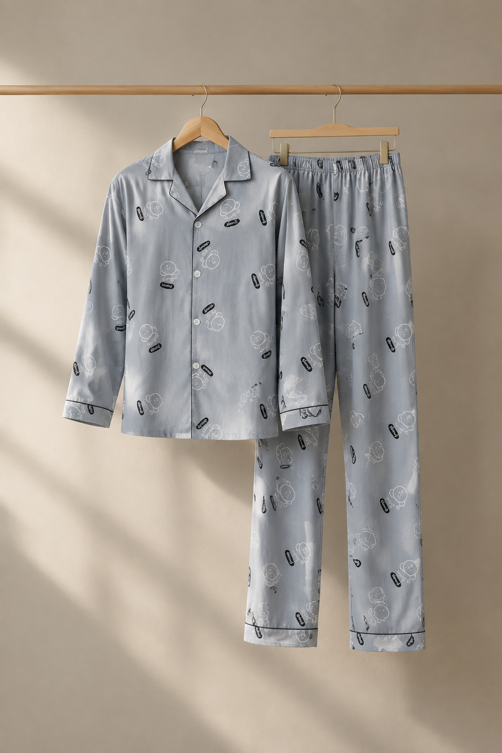 Light gray pajama set on hangers