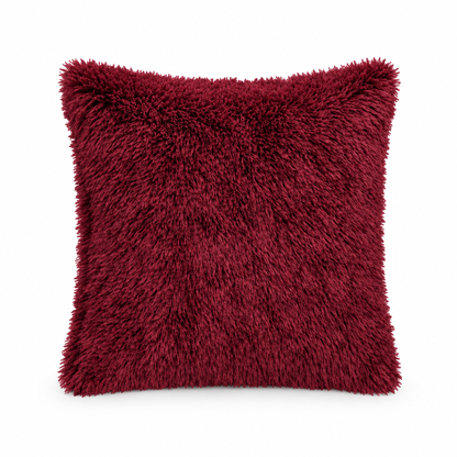 Wine red fluffy pillow cover, 45 × 45 cm, styled on white