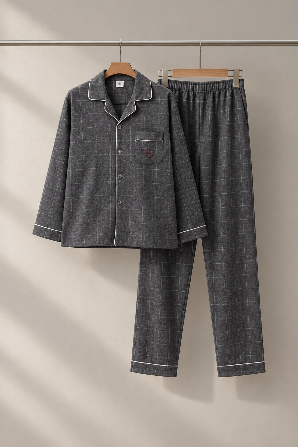Gray window pane pajama set on hangers