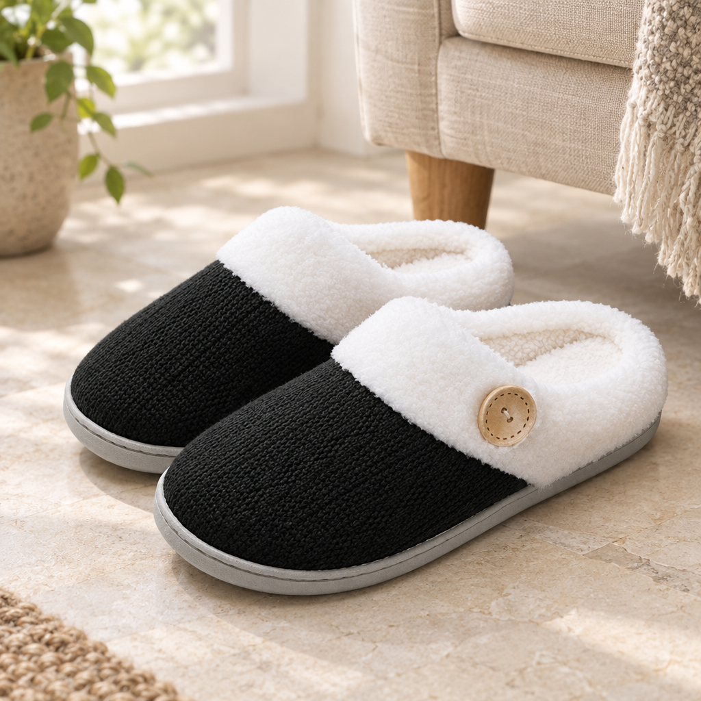 Black pair of soft-lined indoor slippers in natural light