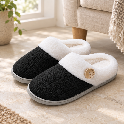 Black pair of soft-lined indoor slippers in natural light