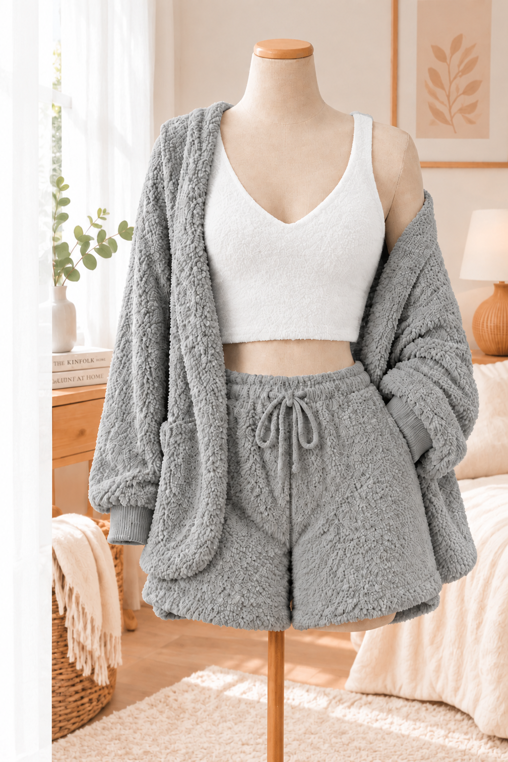 Grey plush 3-piece loungewear set with white tank top