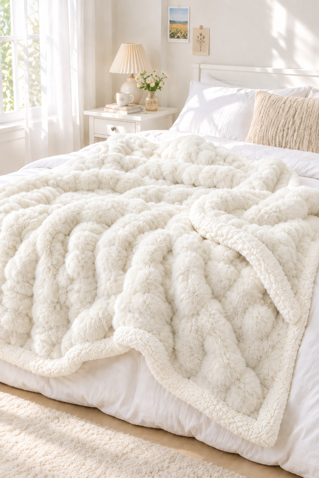 Beige double-layer bubble blanket lying on a bed