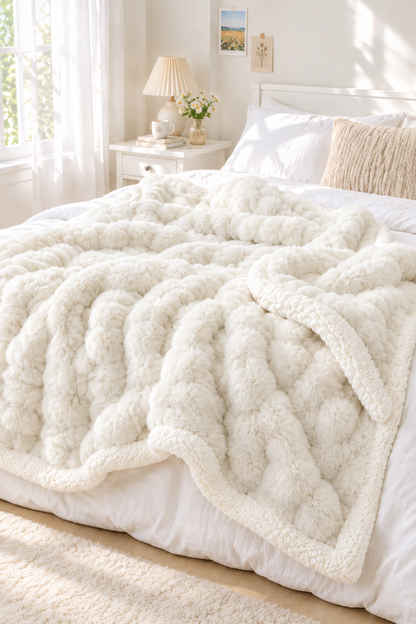 Beige double-layer bubble blanket lying on a bed