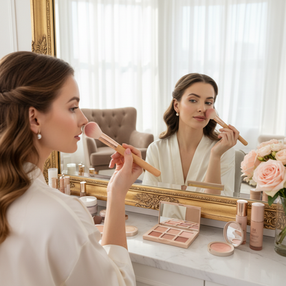 Woman looking in mirror applying makeup with wooden-handled brushes