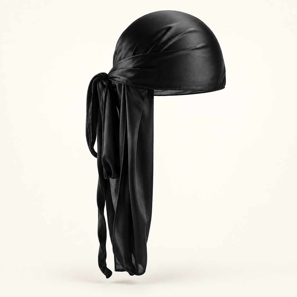 Black long durag alone on a warm white background, 3D-style product view