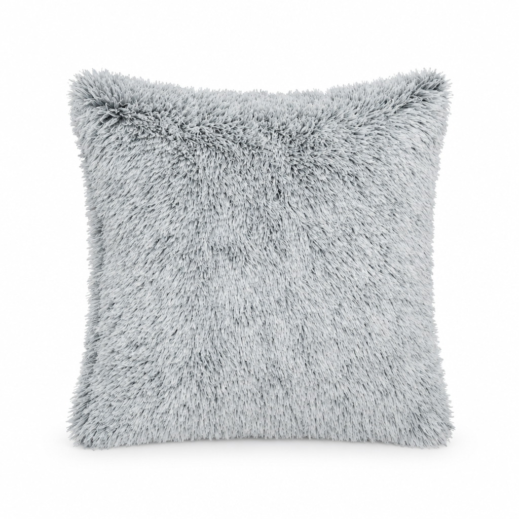 Grey fluffy pillow cover, 45 × 45 cm, styled on white