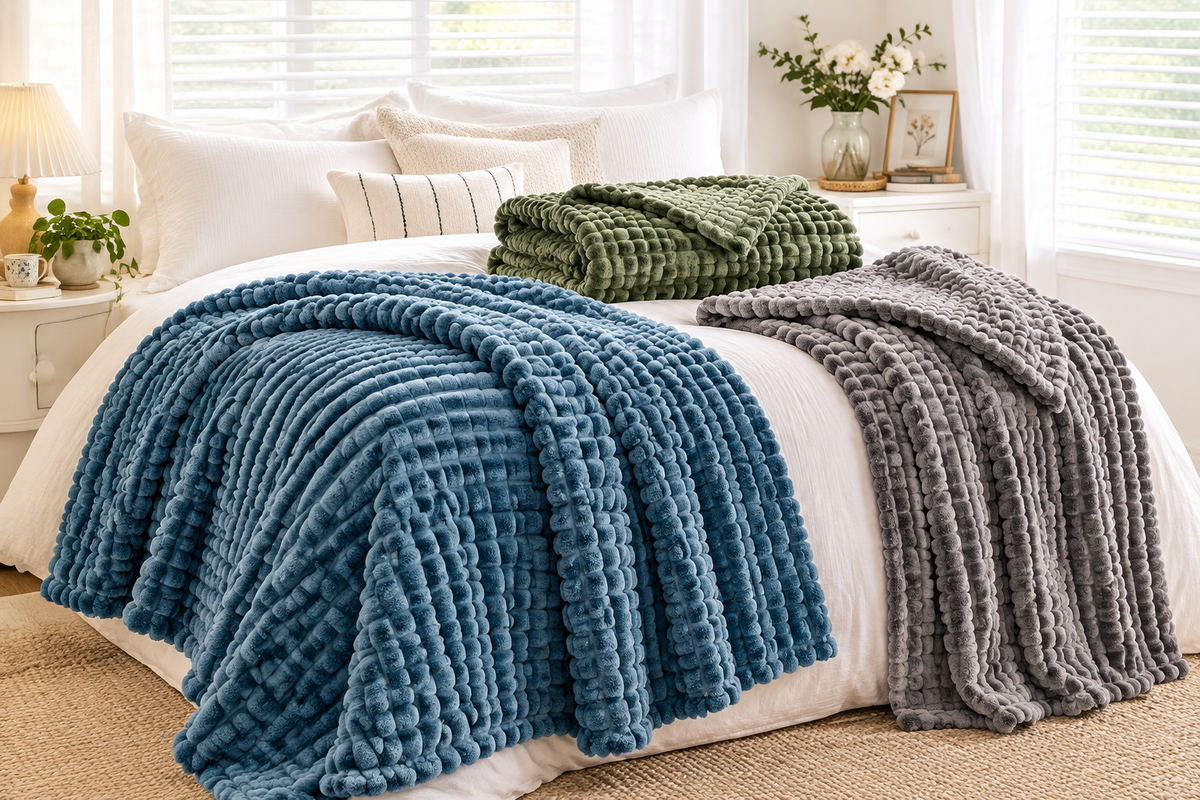 Bed layered with plush plaid throw blankets in multiple colors