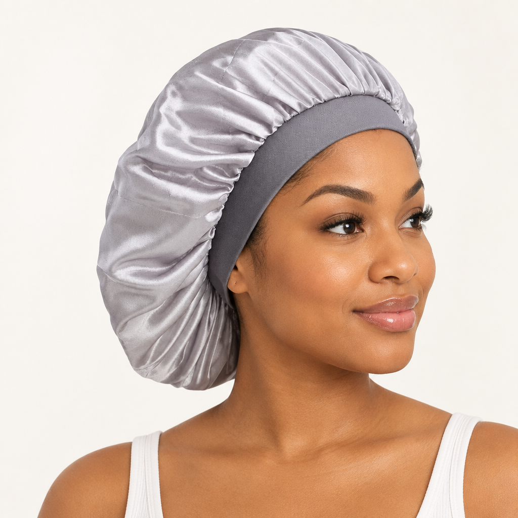 Grey short bonnet worn by a person