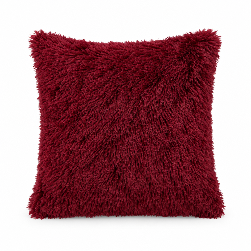 AI-generated wine red fluffy cover concept, 45 × 45 cm; color not supplier-verified