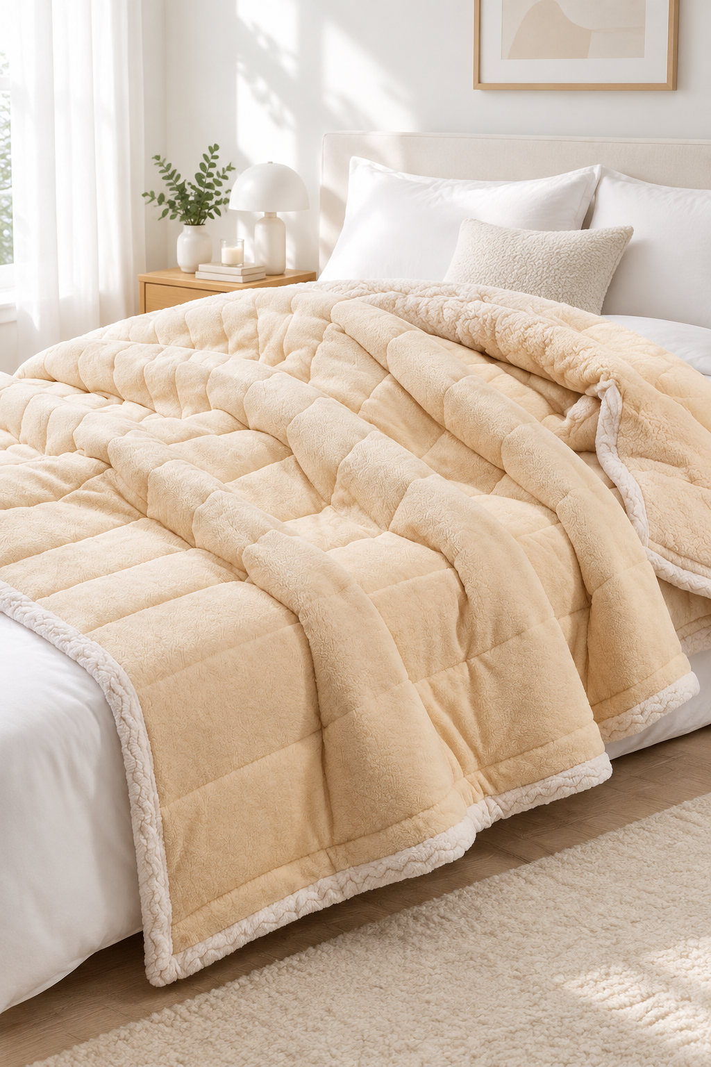 Apricot three-layer coral fleece blanket folded on a bed
