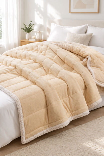 Apricot three-layer coral fleece blanket folded on a bed