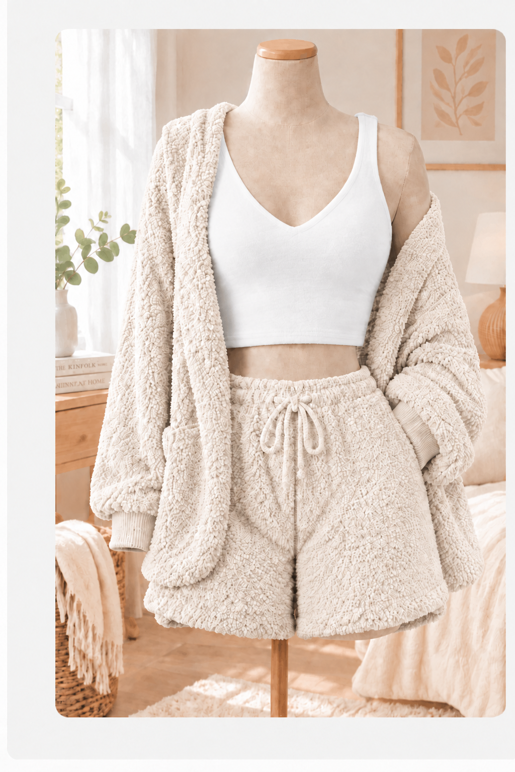 Beige plush 3-piece loungewear set with white tank top