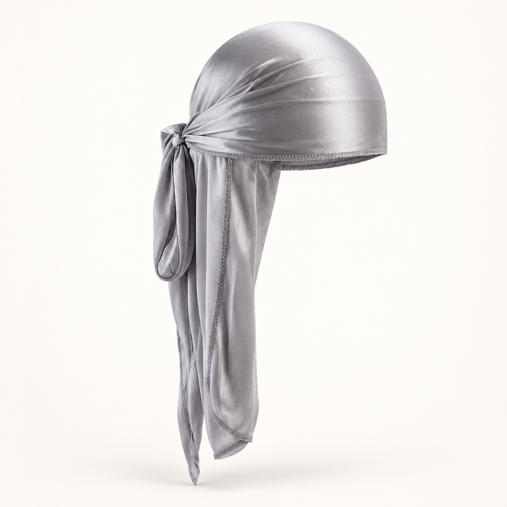 Grey long durag alone on a warm white background, 3D-style product view