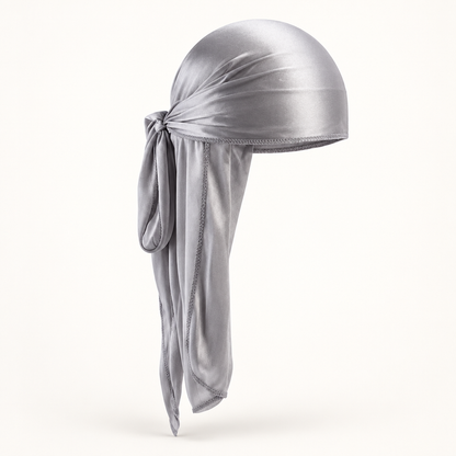 Grey long durag alone on a warm white background, 3D-style product view