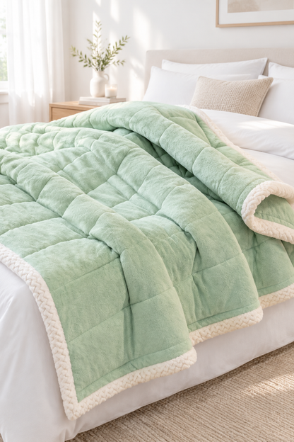 Light Green three-layer coral fleece blanket folded on a bed