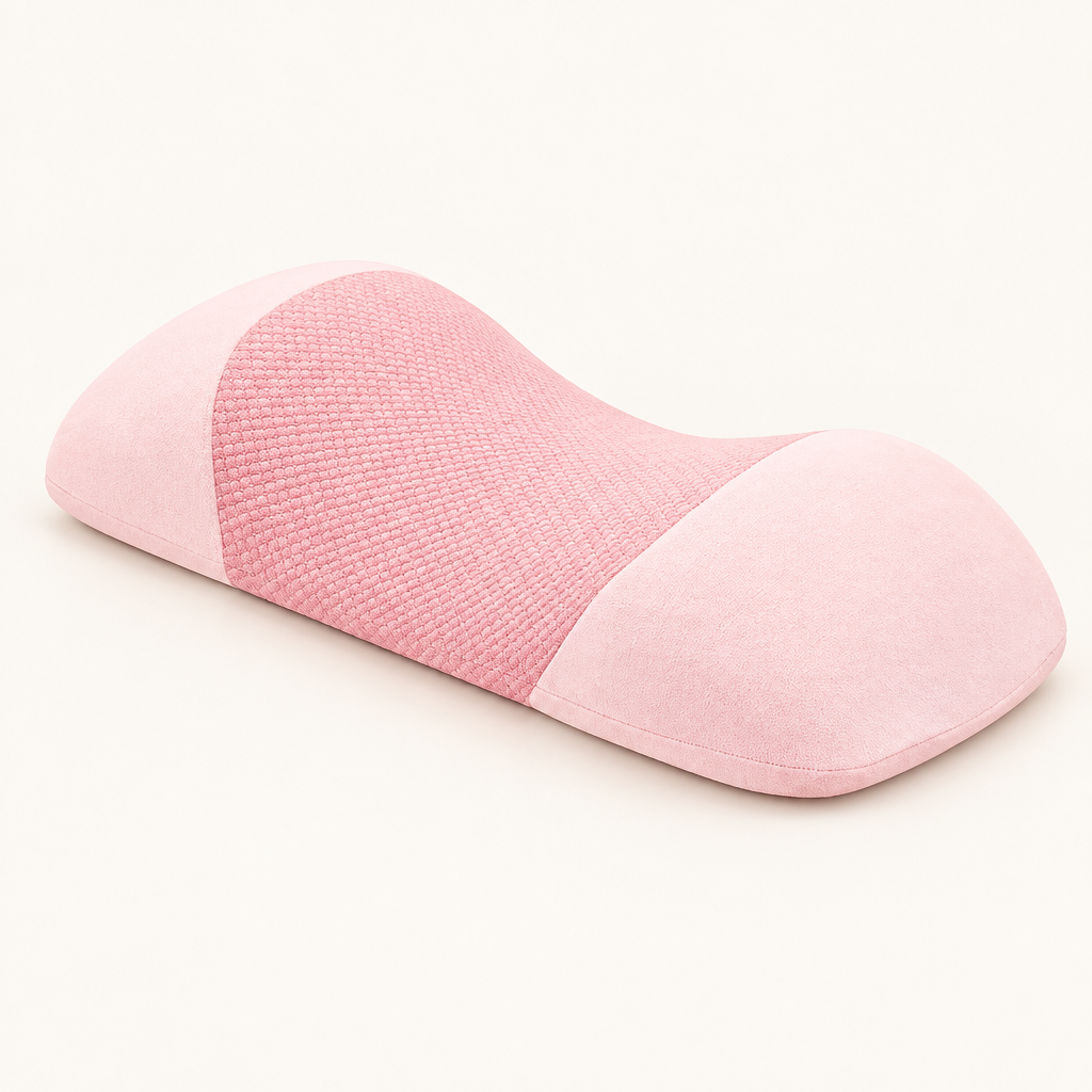 Peach pink contoured memory foam waist pillow on a warm white background