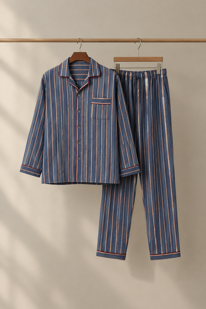 Navy multistripe pajama set on hangers