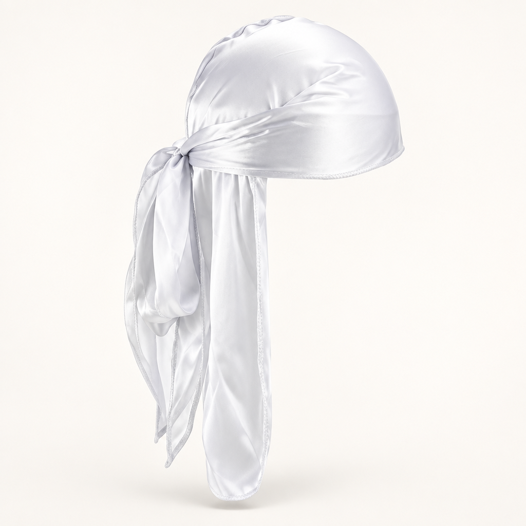 White long durag alone on a warm white background, 3D-style product view