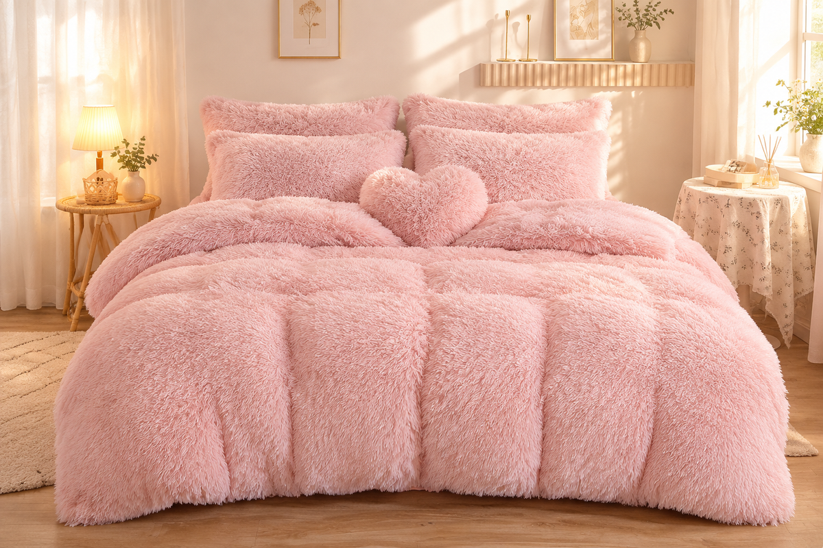 Fleece Bedding Set with Heart Pillow in Pink, King size