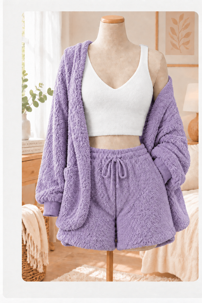 Purple plush 3-piece loungewear set with white tank top