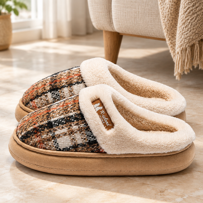 Khaki pair of plush thick-soled house slippers in natural indoor light