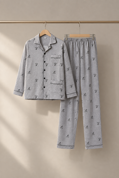 Gray deer print pajama set on hangers