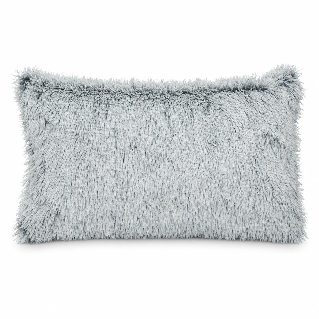 Grey fluffy pillow cover, 30 × 50 cm, styled on white