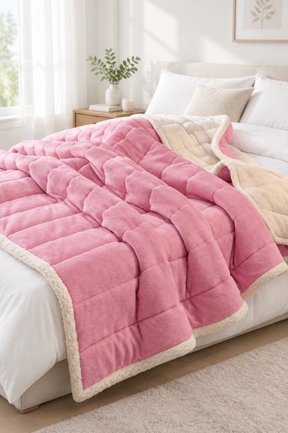 Pink three-layer coral fleece blanket folded on a bed