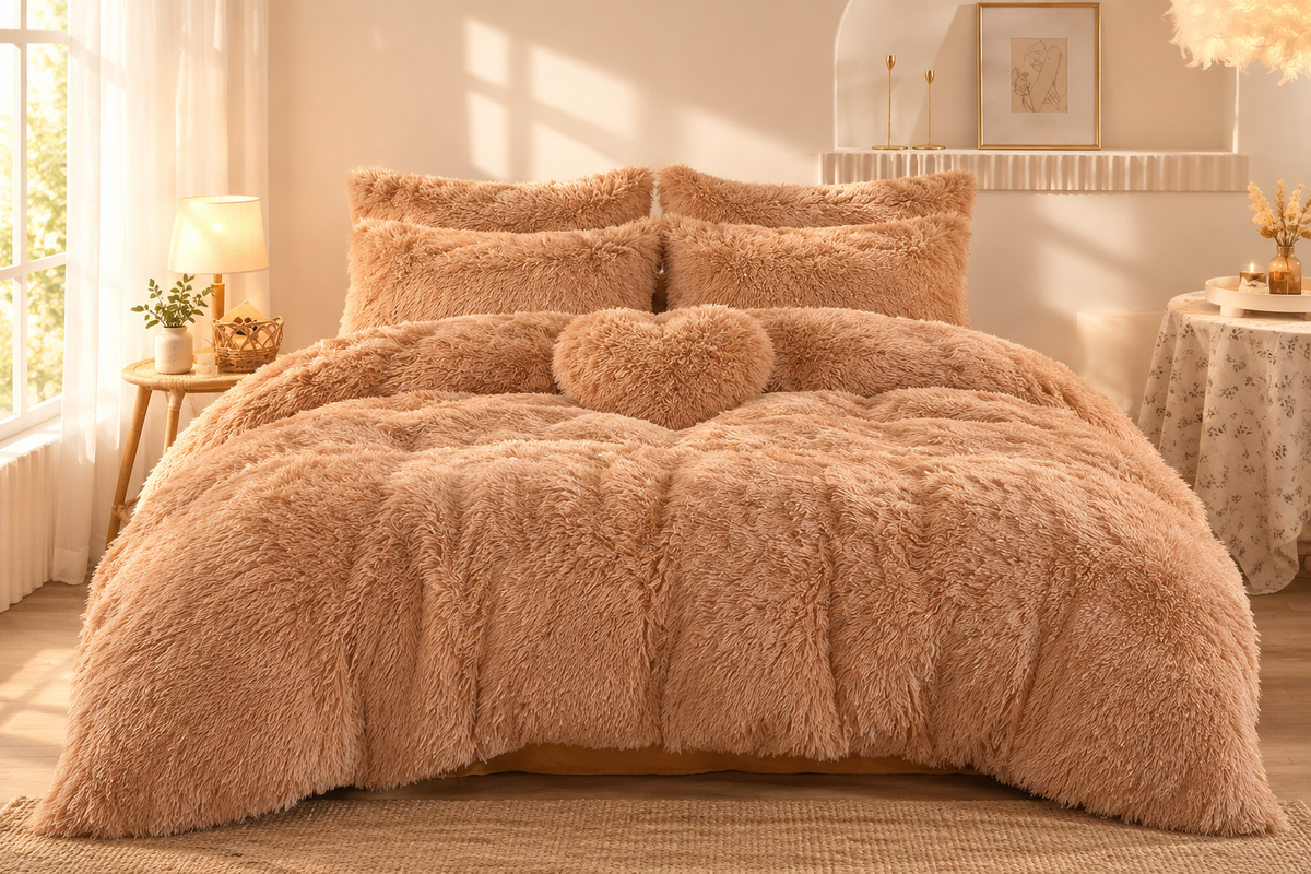 Fleece Bedding Set with Heart Pillow in Camel, King size