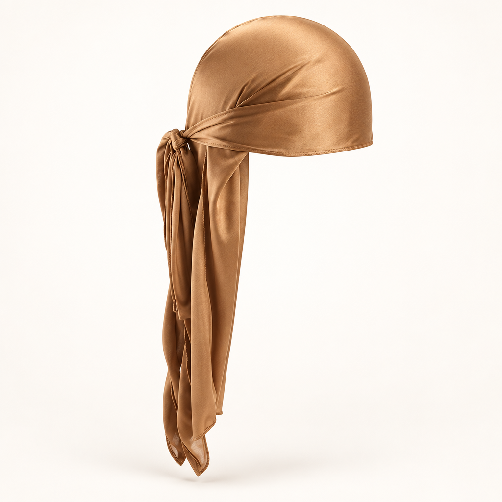 Khaki long durag alone on a warm white background, 3D-style product view