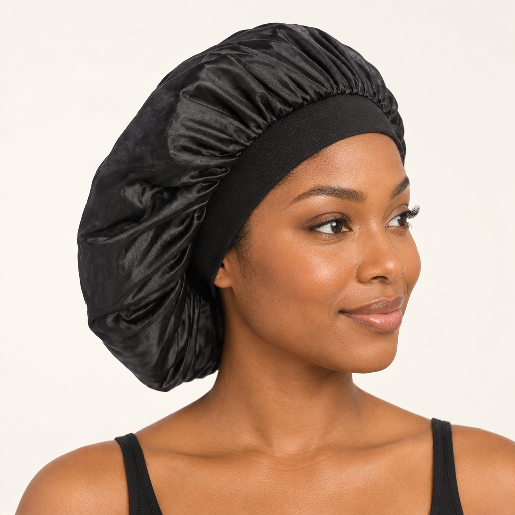 Black short bonnet worn by a person