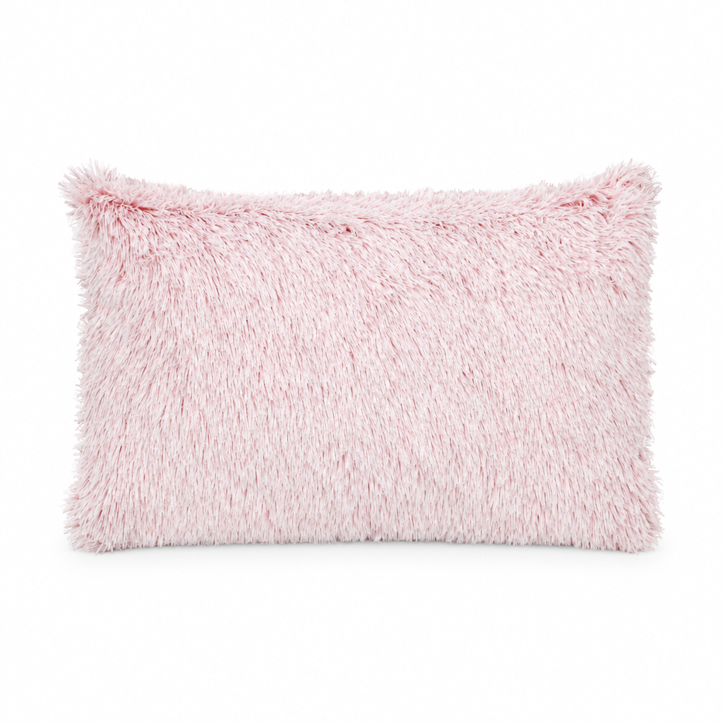 Pink fluffy pillow cover, 30 × 50 cm, styled on white