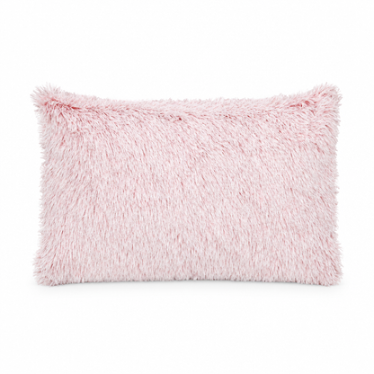 Pink fluffy pillow cover, 30 × 50 cm, styled on white